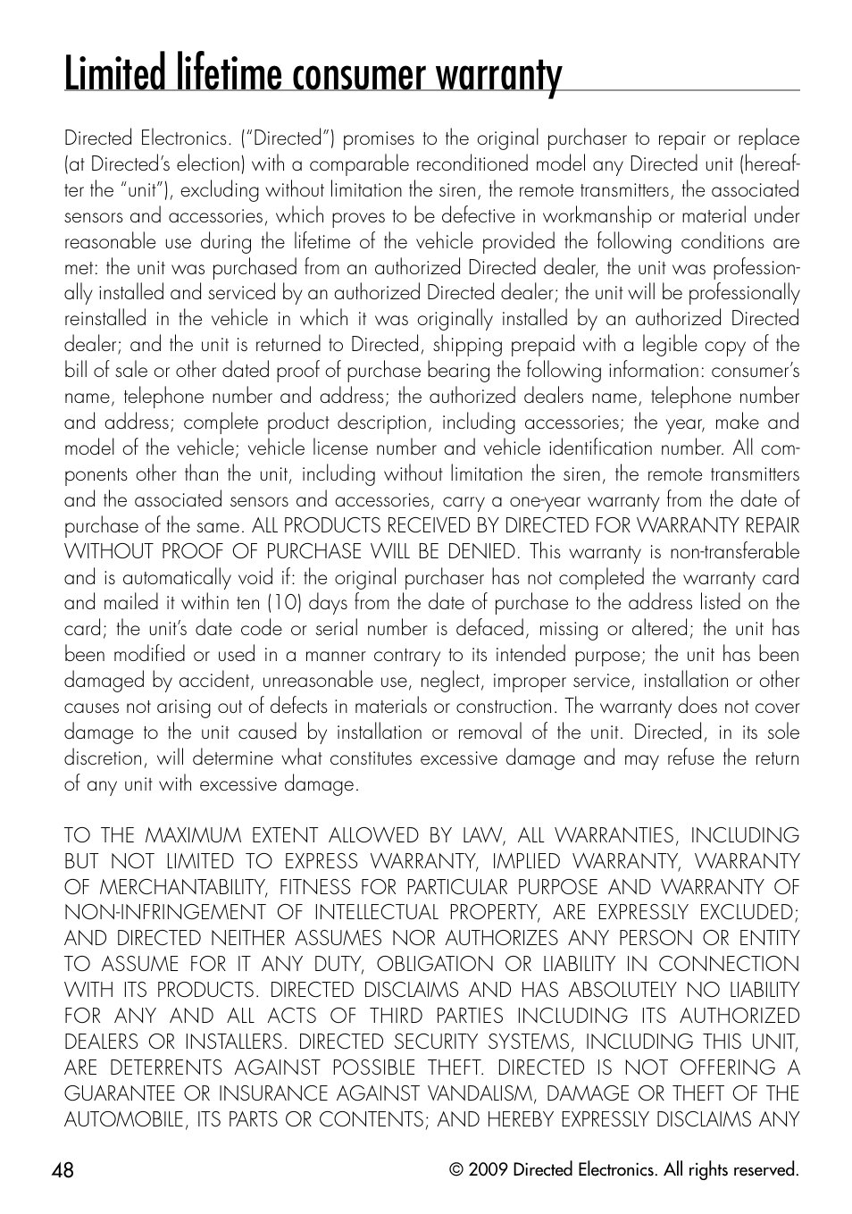 Limited lifetime consumer warranty | Directed Electronics PYTHON 333 User Manual | Page 51 / 53