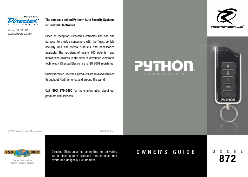 Directed Electronics PYTHON 872 User Manual | 53 pages