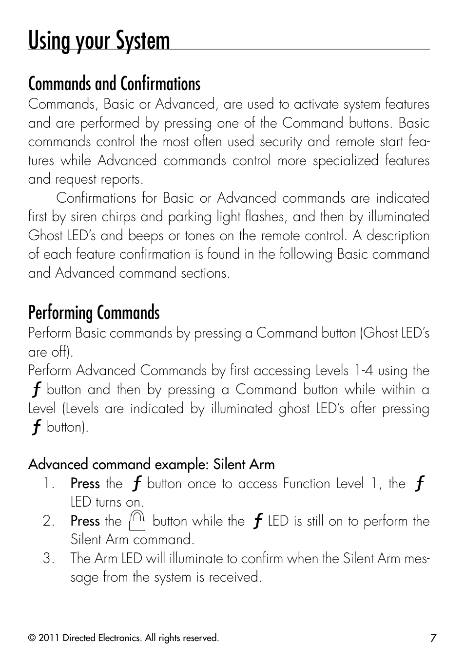 Using your system, Commands and conﬁrmations, Performing commands | Directed Electronics PYTHON 872 User Manual | Page 10 / 53