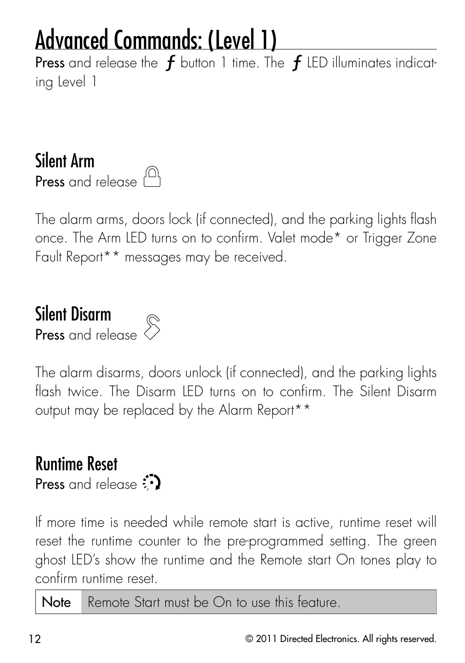 Advanced commands: (level 1), Silent arm, Silent disarm | Runtime reset | Directed Electronics PYTHON 872 User Manual | Page 15 / 53