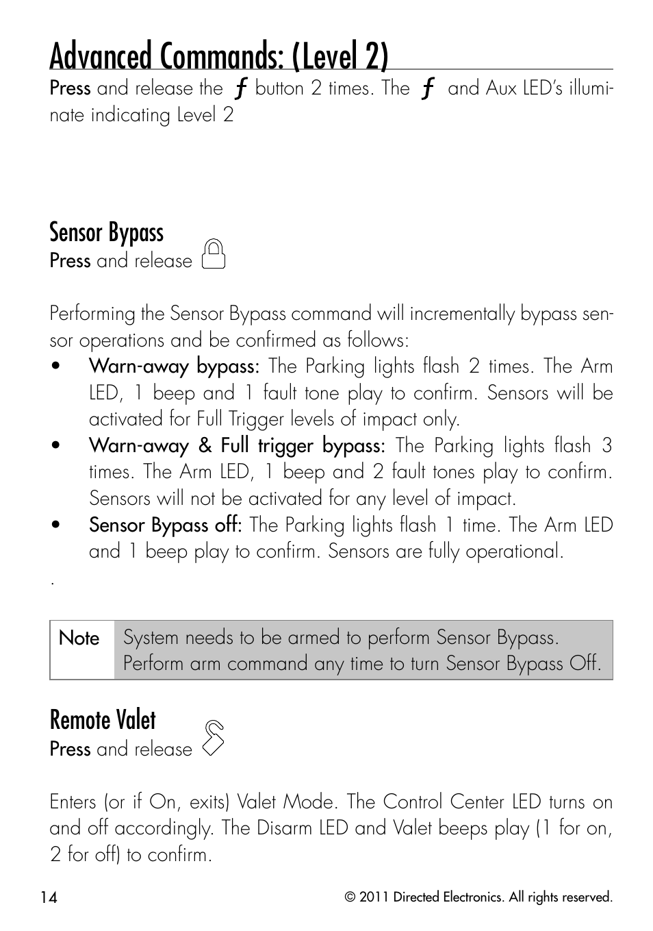 Advanced commands: (level 2), Sensor bypass, Remote valet | Directed Electronics PYTHON 872 User Manual | Page 17 / 53