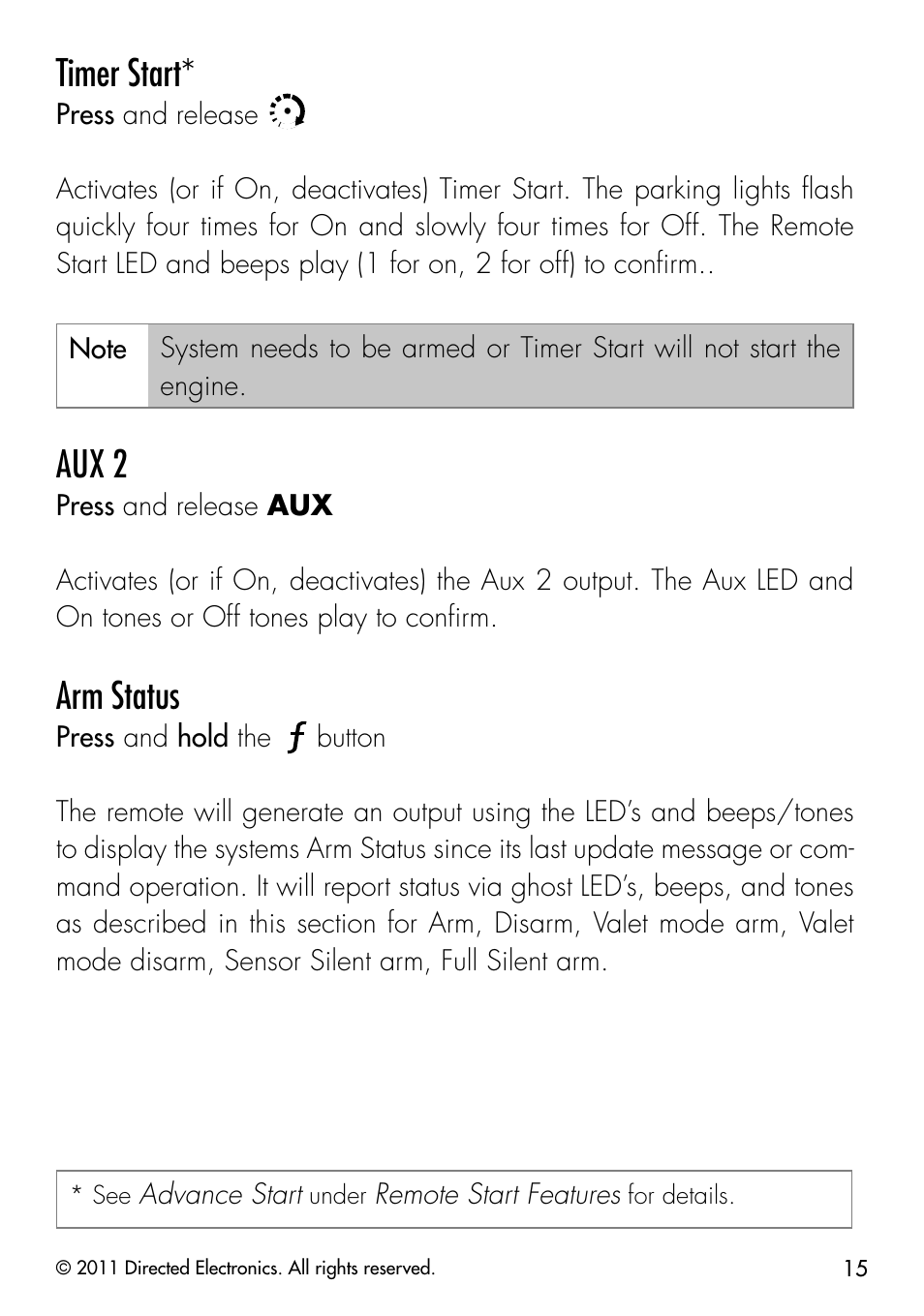 Timer start, Aux 2, Arm status | Directed Electronics PYTHON 872 User Manual | Page 18 / 53