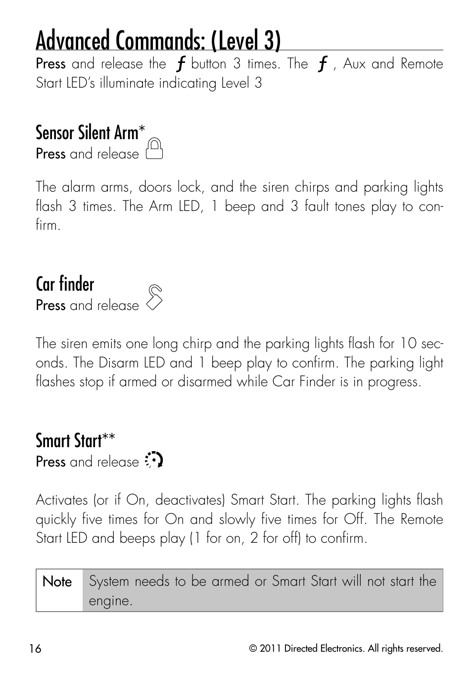 Advanced commands: (level 3), Sensor silent arm, Car ﬁnder | Smart start | Directed Electronics PYTHON 872 User Manual | Page 19 / 53