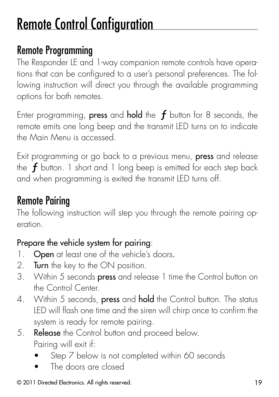 Remote control conﬁguration, Remote programming, Remote pairing | Directed Electronics PYTHON 872 User Manual | Page 22 / 53