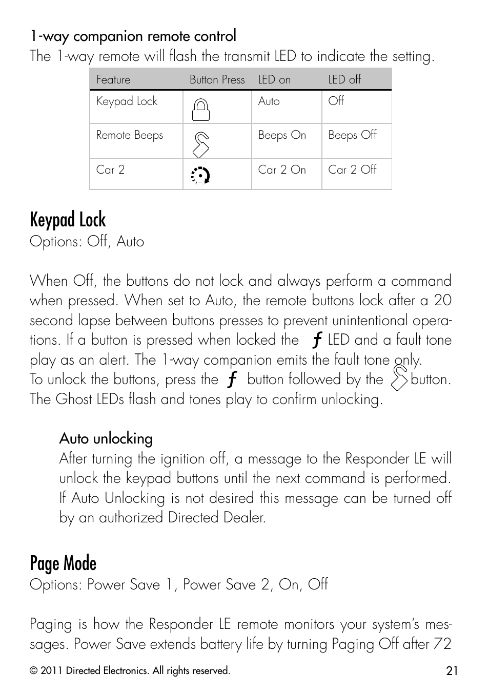 Keypad lock, Page mode | Directed Electronics PYTHON 872 User Manual | Page 24 / 53