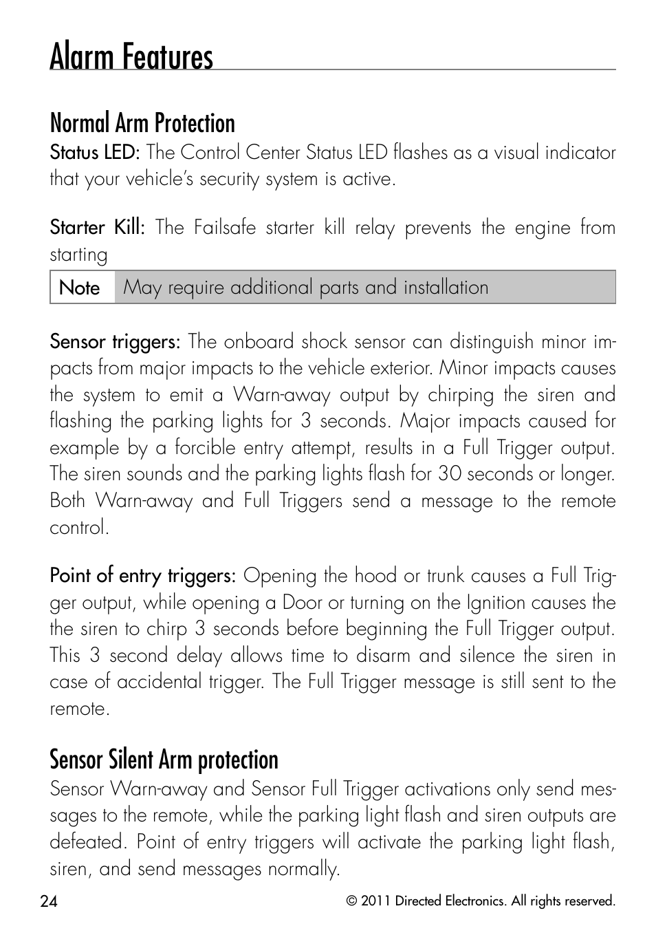 Alarm features, Normal arm protection, Sensor silent arm protection | Directed Electronics PYTHON 872 User Manual | Page 27 / 53