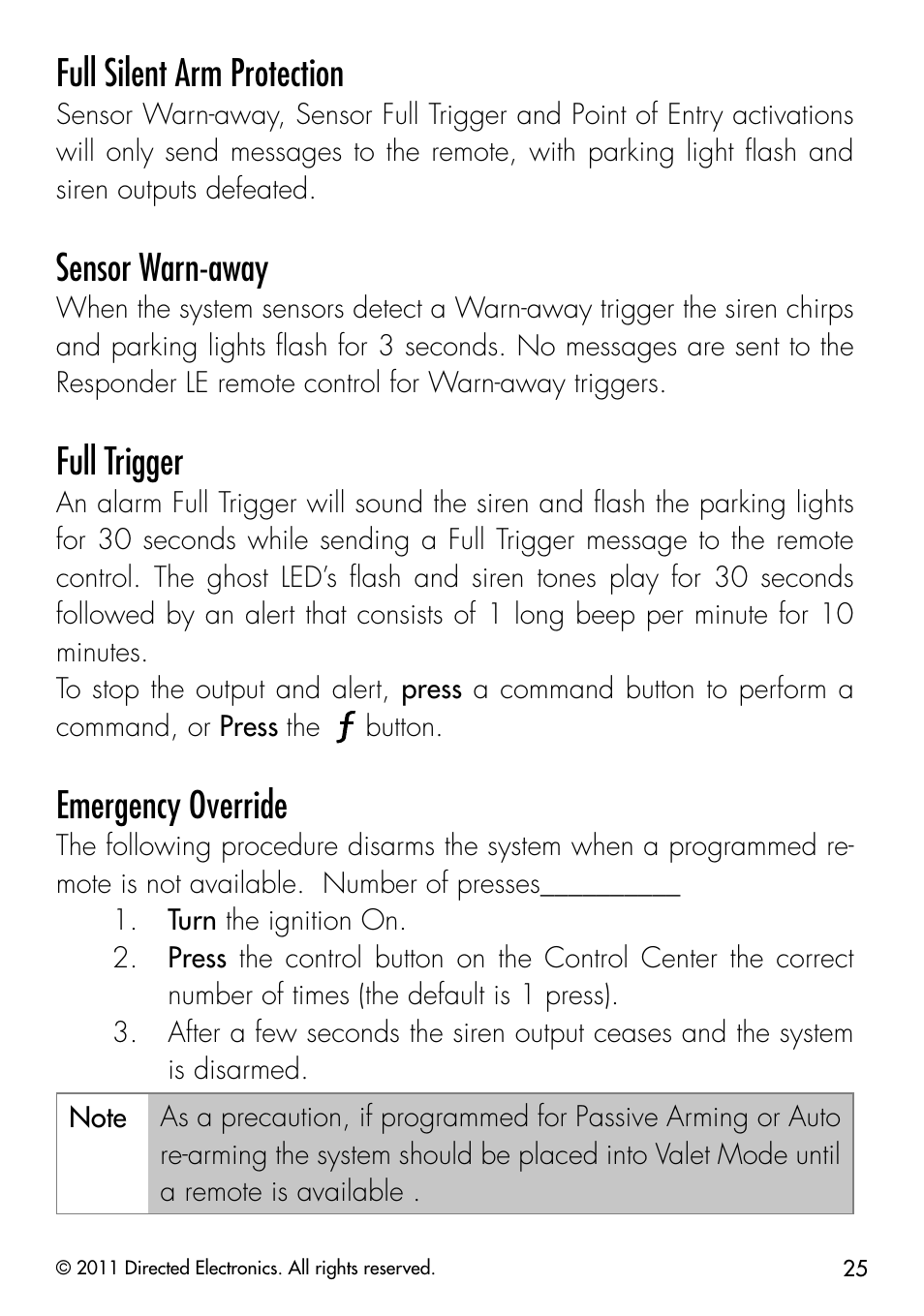 Full silent arm protection, Sensor warn-away, Full trigger | Emergency override | Directed Electronics PYTHON 872 User Manual | Page 28 / 53