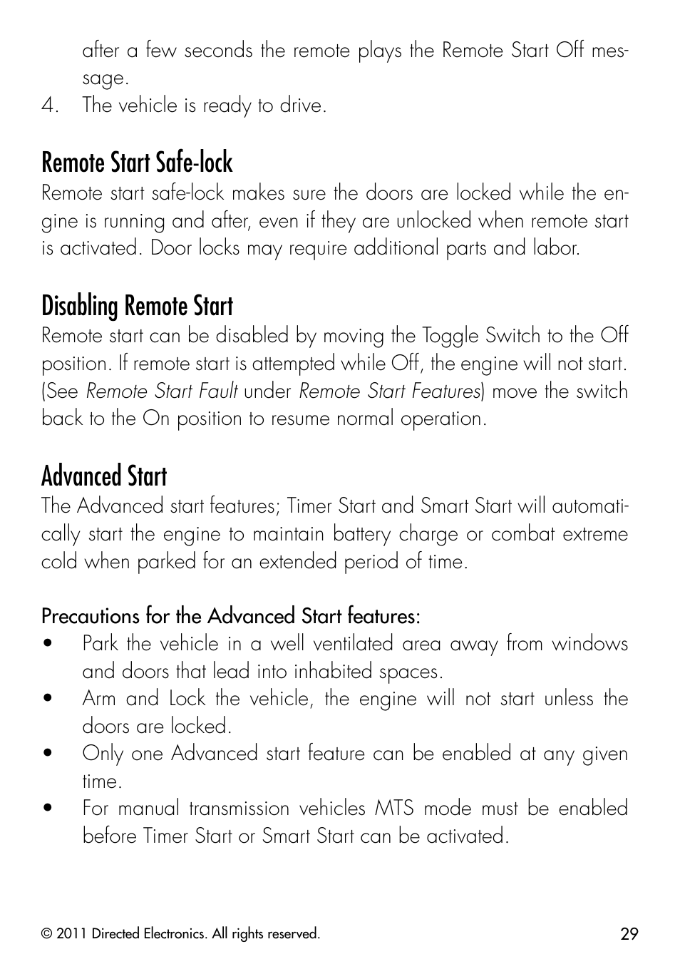 Remote start safe-lock, Disabling remote start, Advanced start | Directed Electronics PYTHON 872 User Manual | Page 32 / 53