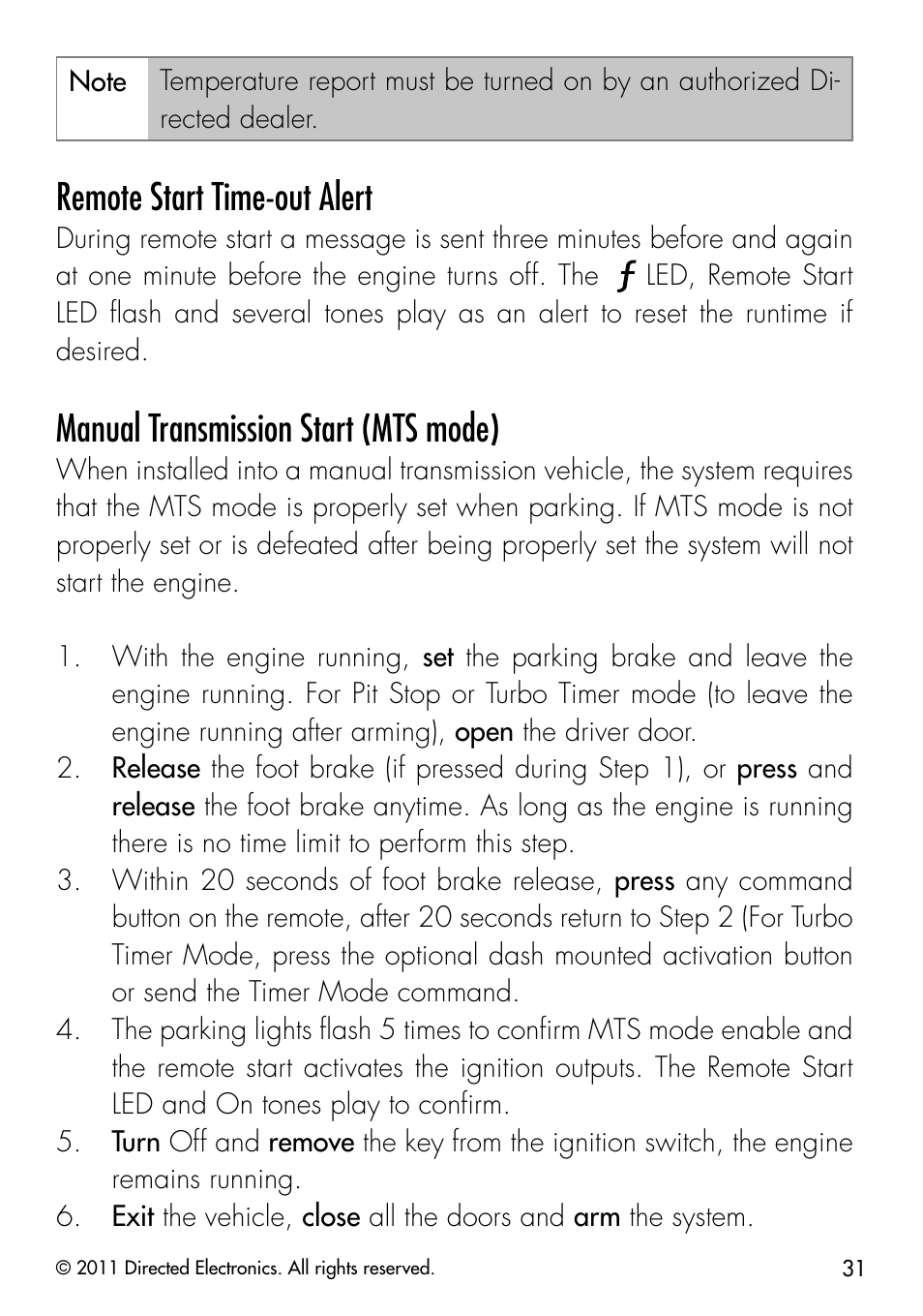 Remote start time-out alert, Manual transmission start (mts mode) | Directed Electronics PYTHON 872 User Manual | Page 34 / 53