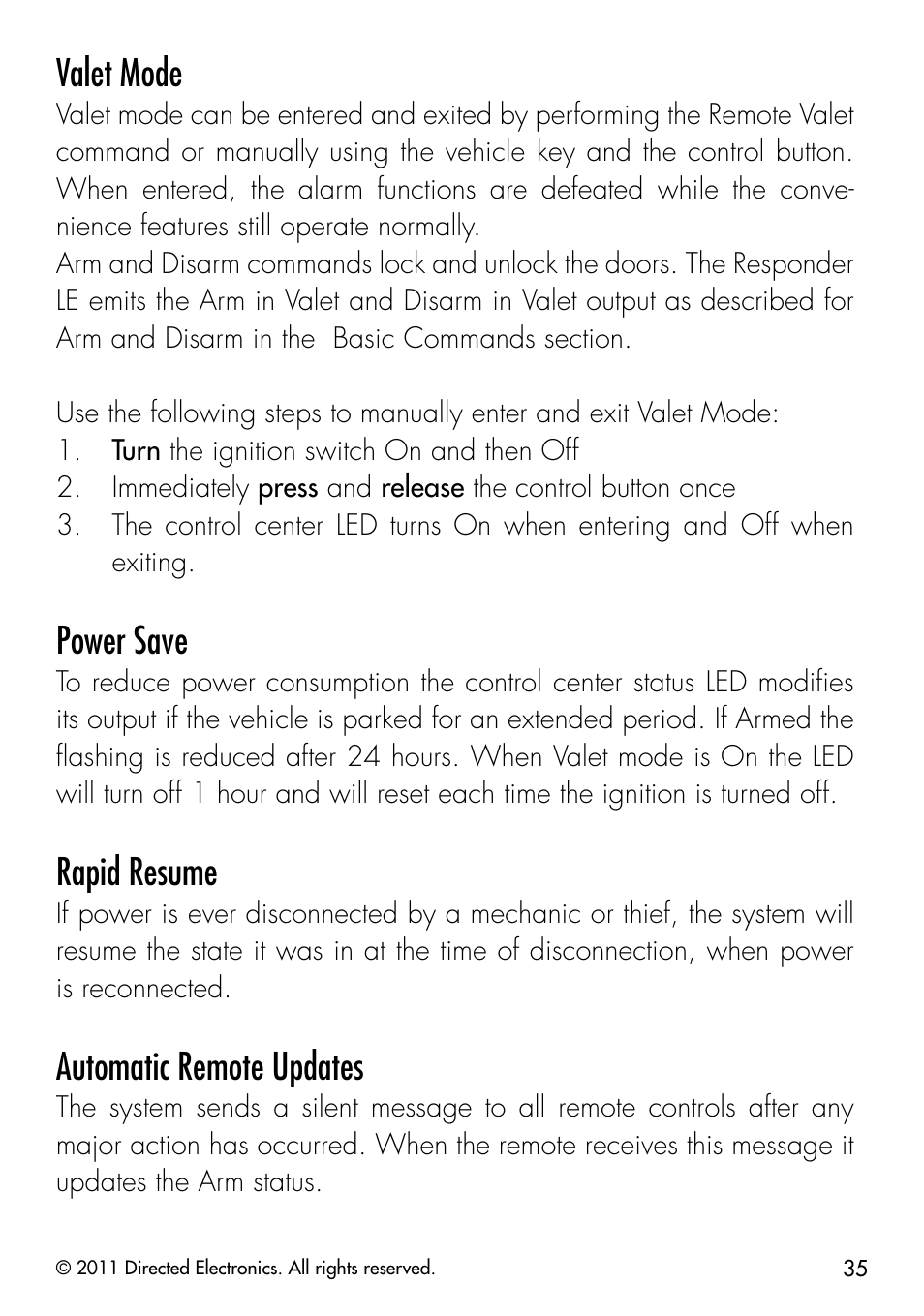 Valet mode, Power save, Rapid resume | Automatic remote updates | Directed Electronics PYTHON 872 User Manual | Page 38 / 53