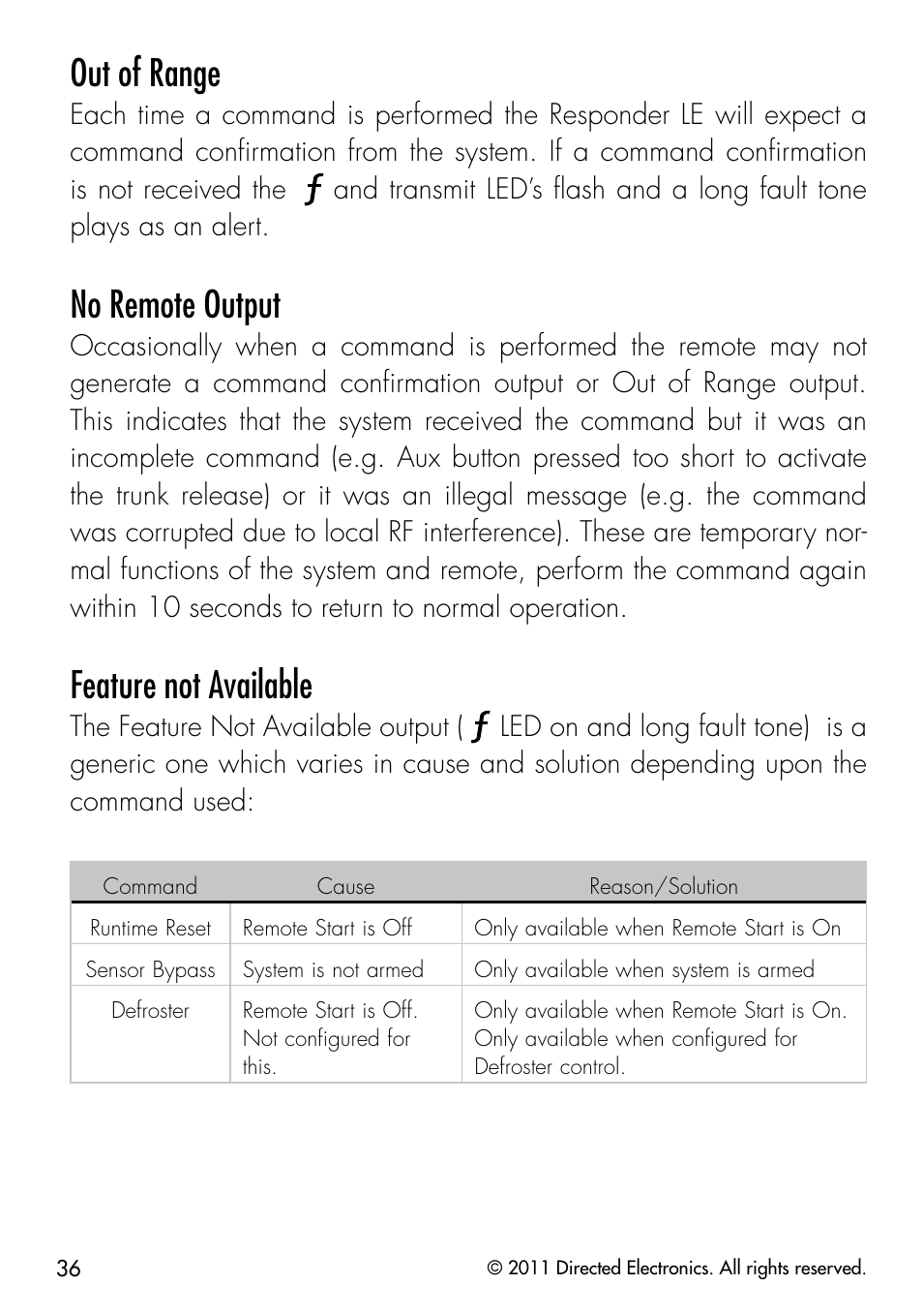 Out of range, No remote output, Feature not available | Directed Electronics PYTHON 872 User Manual | Page 39 / 53