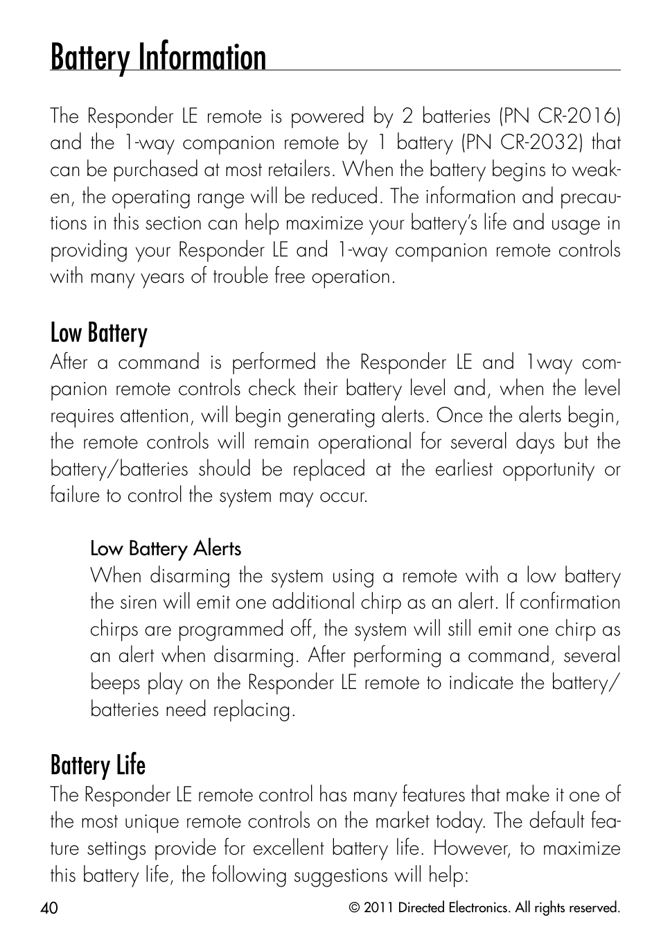 Battery information, Low battery, Battery life | Directed Electronics PYTHON 872 User Manual | Page 43 / 53