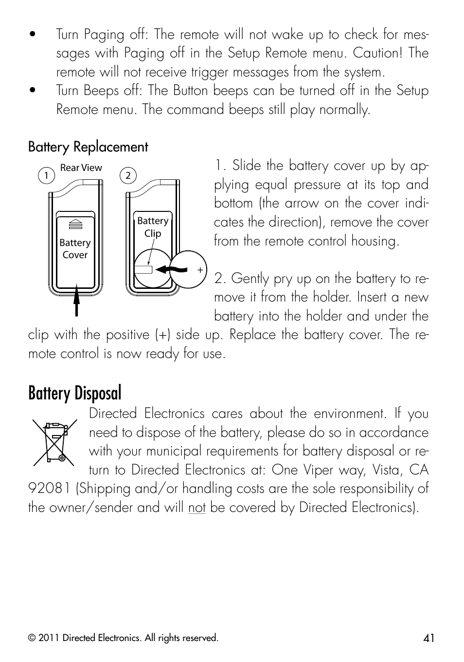 Battery disposal | Directed Electronics PYTHON 872 User Manual | Page 44 / 53