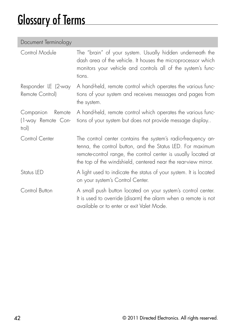 Glossary of terms | Directed Electronics PYTHON 872 User Manual | Page 45 / 53