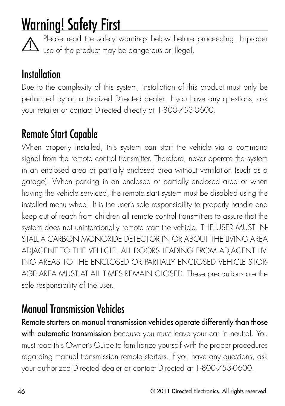 Warning! safety first, Installation, Remote start capable | Manual transmission vehicles | Directed Electronics PYTHON 872 User Manual | Page 49 / 53