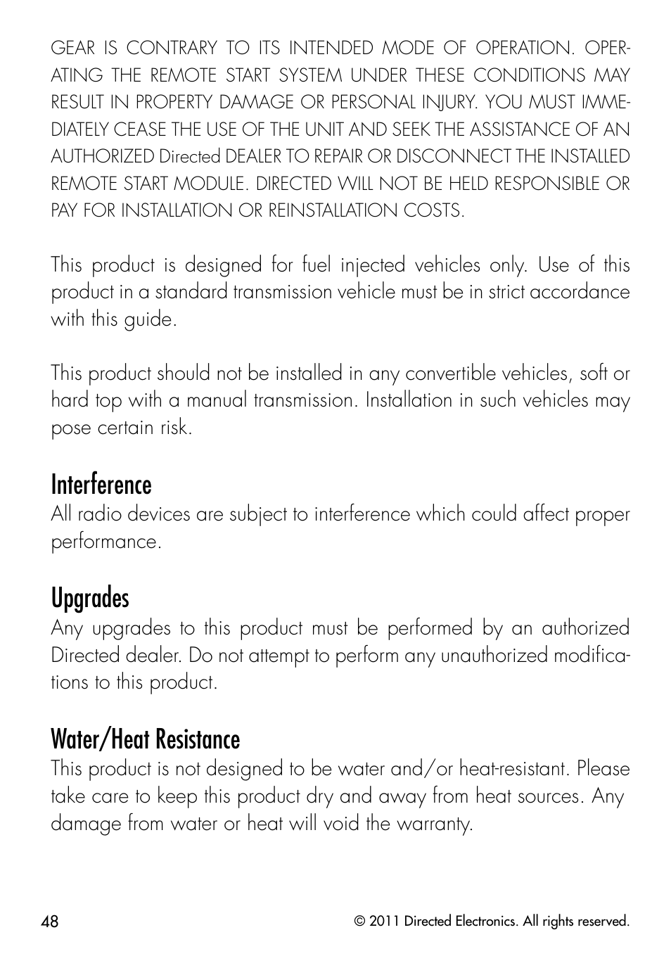 Interference, Upgrades, Water/heat resistance | Directed Electronics PYTHON 872 User Manual | Page 51 / 53