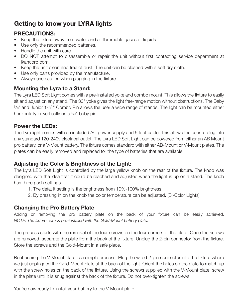 Getting to know your lyra lights, Precautions, Mounting the lyra to a stand | Power the leds, Adjusting the color & brightness of the light, Changing the pro battery plate | ikan Lyra 1 x 1 Bi-Color 3-Point Soft Panel LED Light Kit User Manual | Page 2 / 4