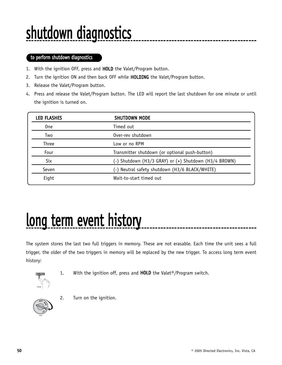 Sshhuuttddoowwnn ddiiaaggnnoossttiiccss, Lloonngg tteerrm m eevveenntt hhiissttoorryy | Directed Electronics Hornet 564T User Manual | Page 50 / 56