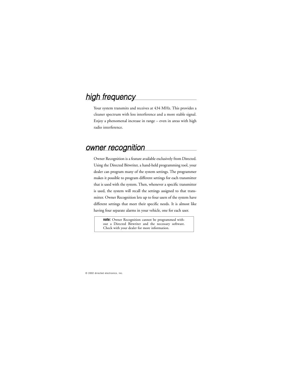 Hhiig gh h ffrre eq qu ue en nc cyy, Oow wn ne err rre ec co og gn niittiio on n | Directed Electronics G436S 5220XS User Manual | Page 22 / 38