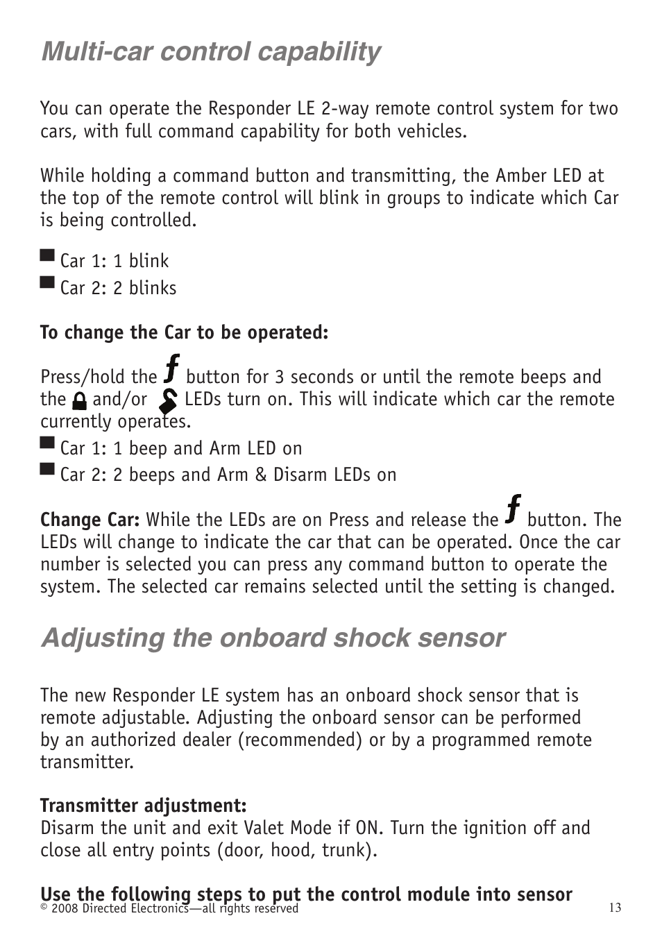 Multi-car control capability, Adjusting the onboard shock sensor | Directed Electronics VIPER 5701 User Manual | Page 19 / 56