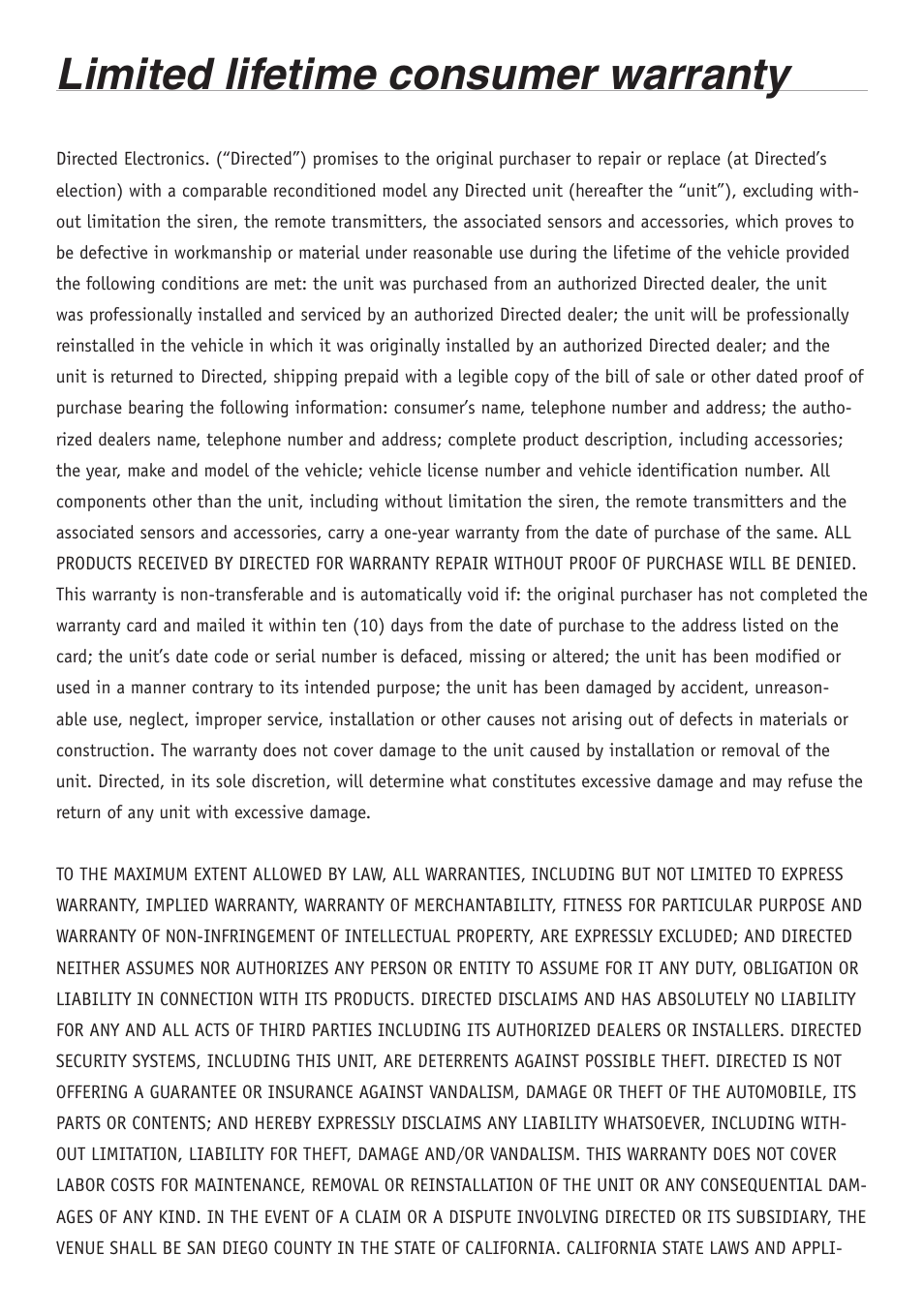 Limited lifetime consumer warranty | Directed Electronics VIPER 5701 User Manual | Page 2 / 56