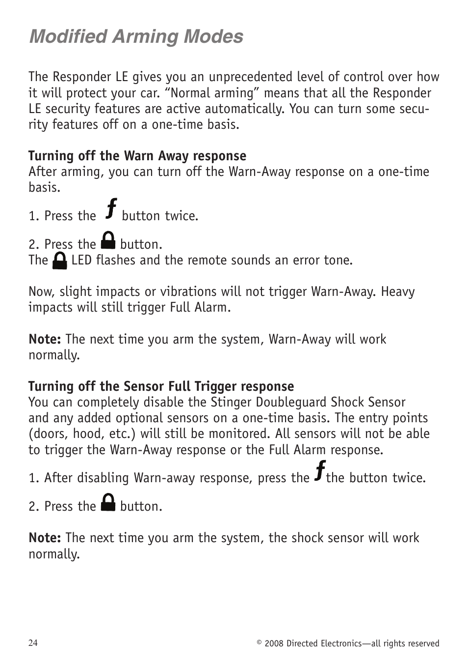 Modified arming modes | Directed Electronics VIPER 5701 User Manual | Page 30 / 56