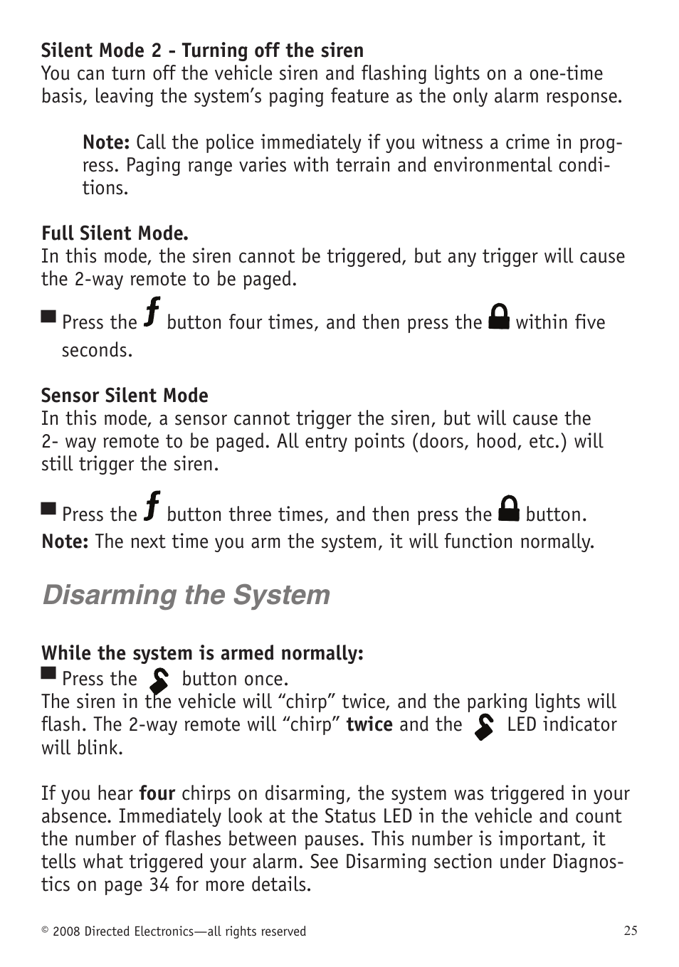 Disarming the system | Directed Electronics VIPER 5701 User Manual | Page 31 / 56