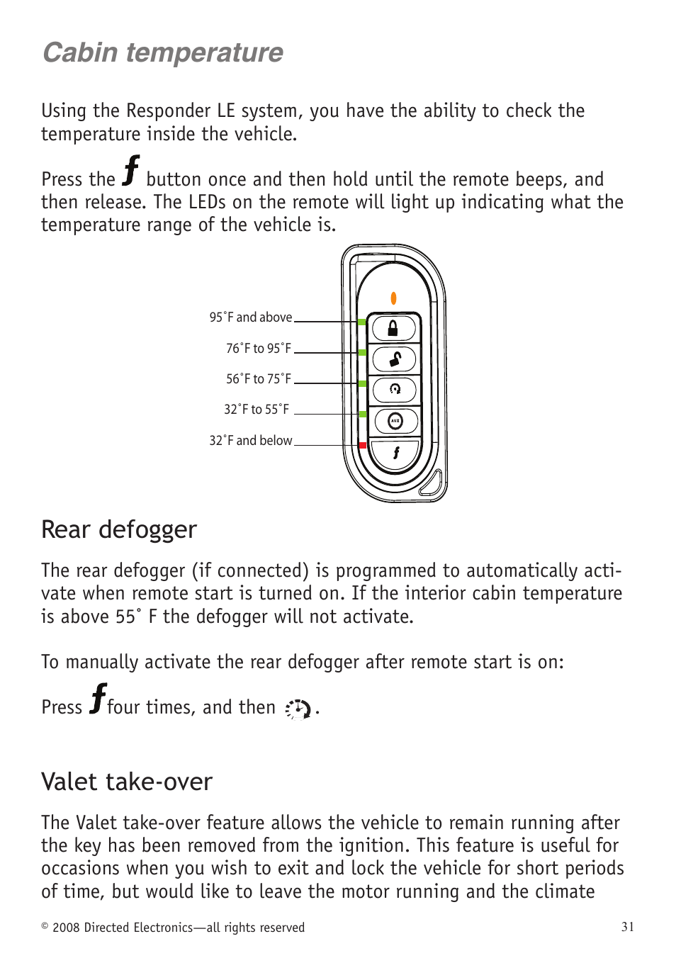 Cabin temperature, Rear defogger, Valet take-over | Directed Electronics VIPER 5701 User Manual | Page 37 / 56