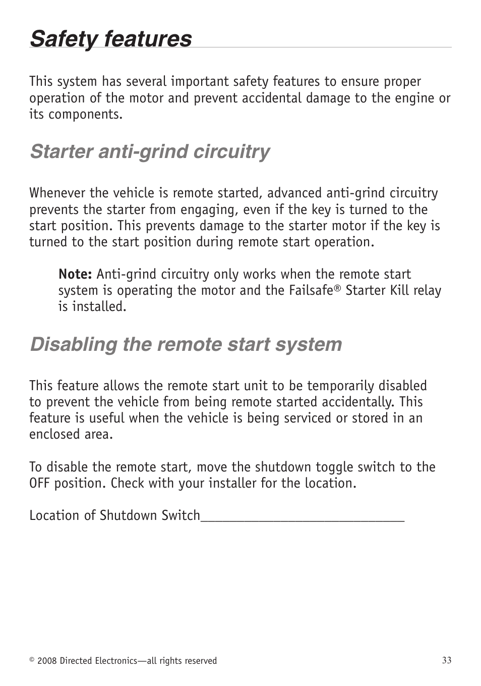 Safety features, Starter anti-grind circuitry, Disabling the remote start system | Directed Electronics VIPER 5701 User Manual | Page 39 / 56