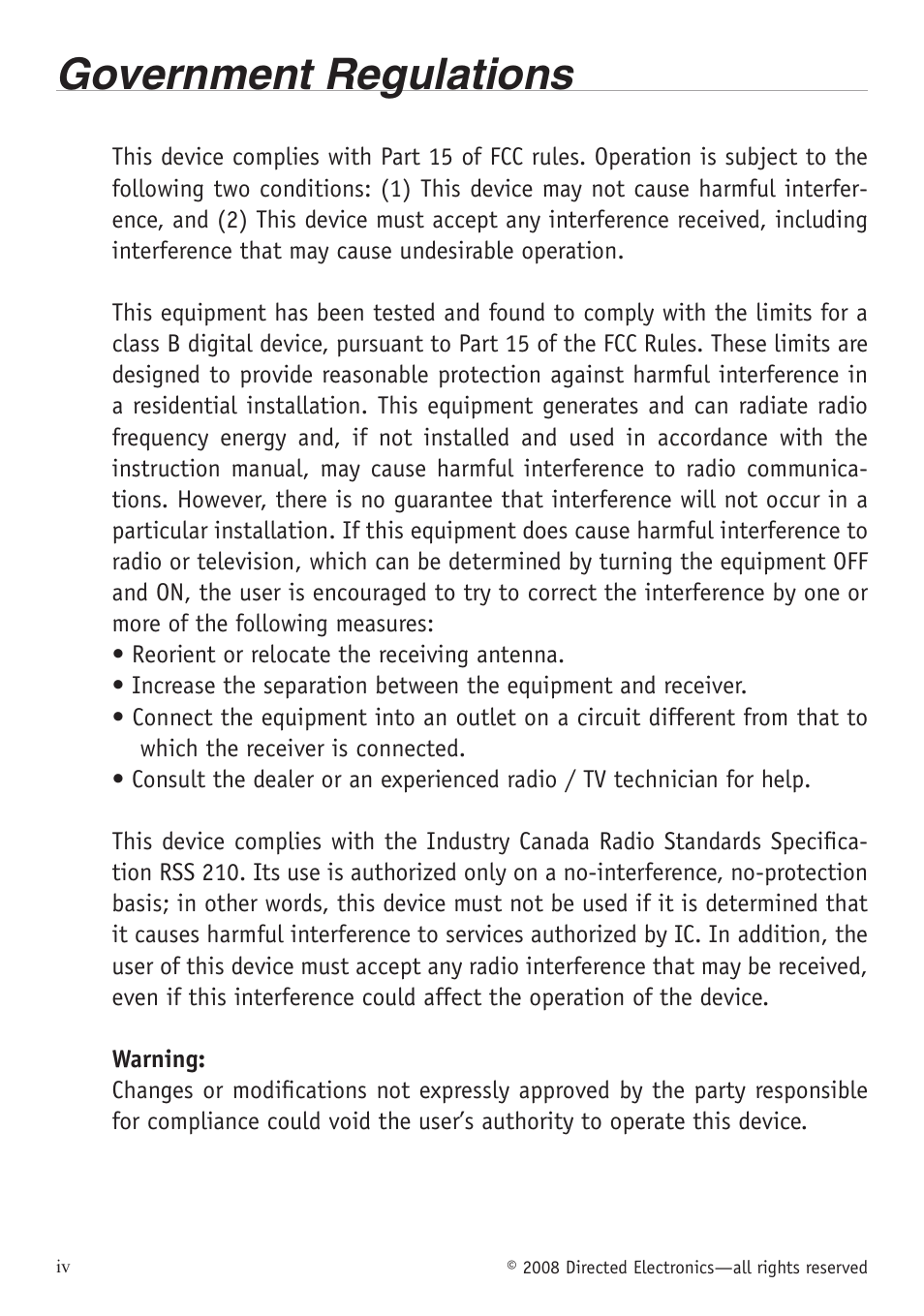 Government regulations | Directed Electronics VIPER 5701 User Manual | Page 4 / 56