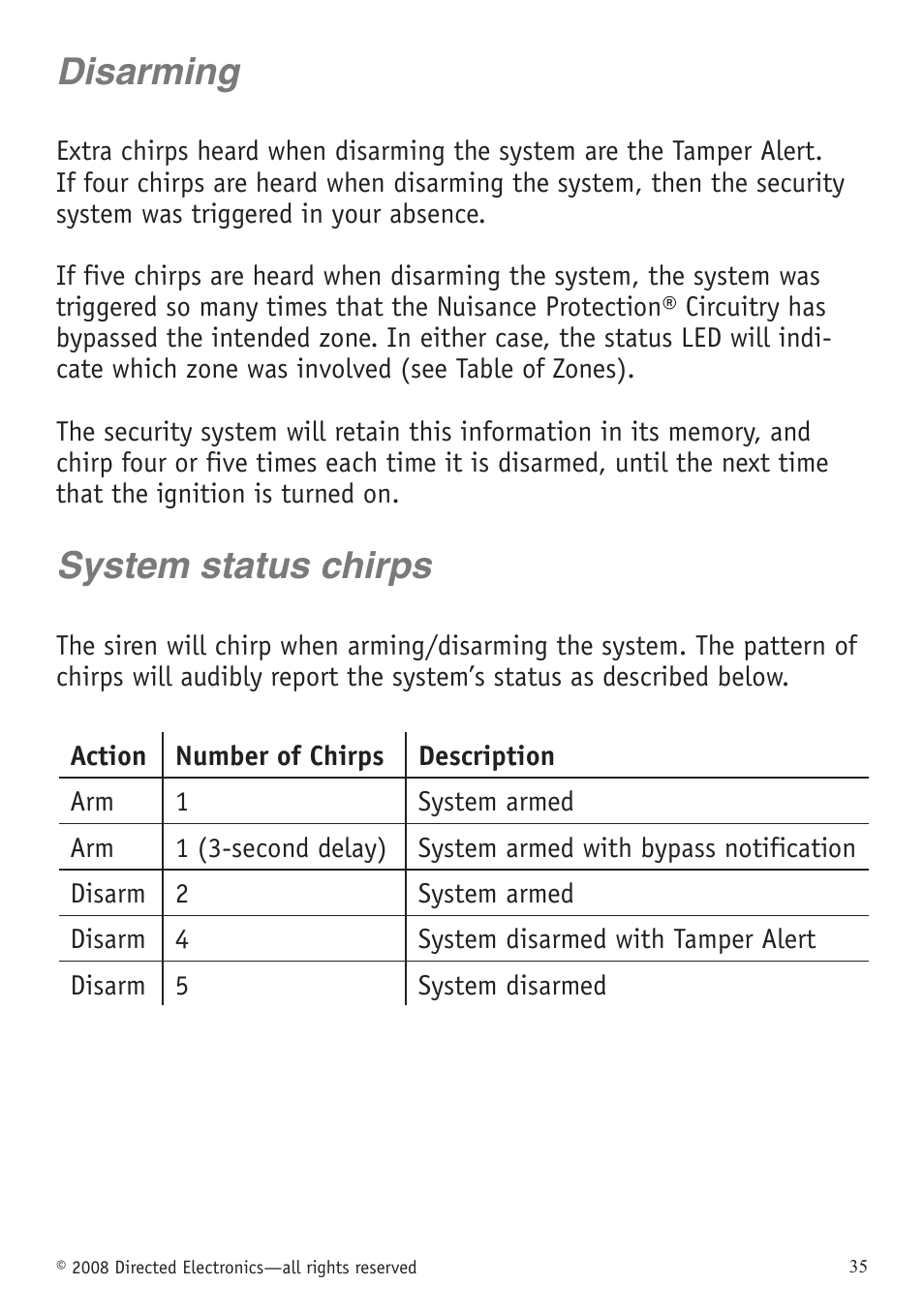 Disarming, System status chirps, Disarming system status chirps | Directed Electronics VIPER 5701 User Manual | Page 41 / 56