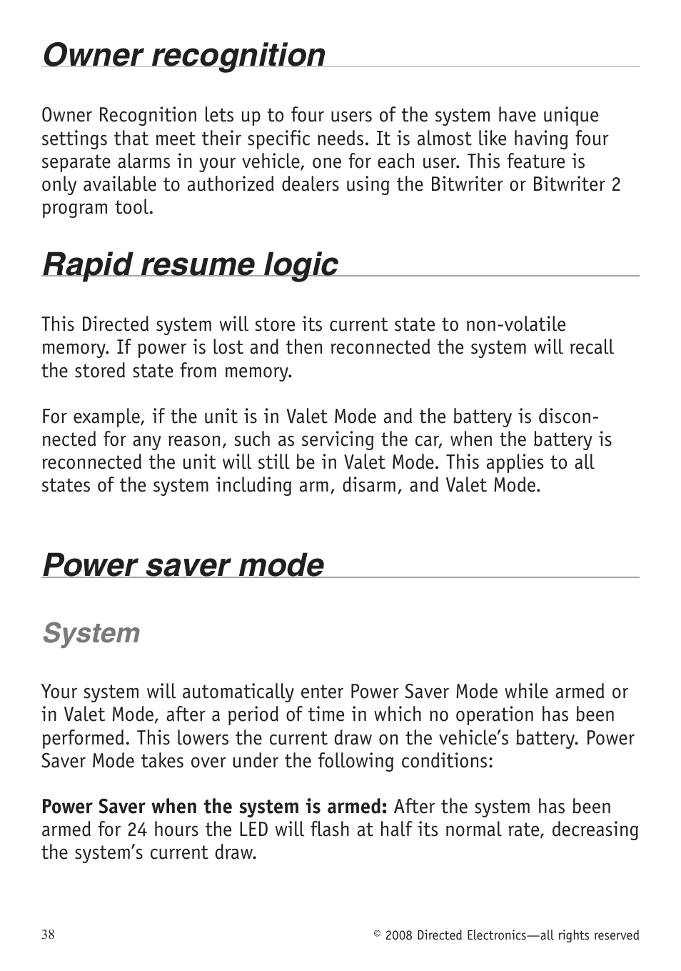 Owner recognition, Rapid resume logic, Power saver mode | System | Directed Electronics VIPER 5701 User Manual | Page 44 / 56