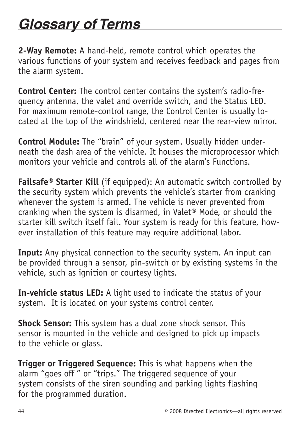 Glossary of terms | Directed Electronics VIPER 5701 User Manual | Page 50 / 56