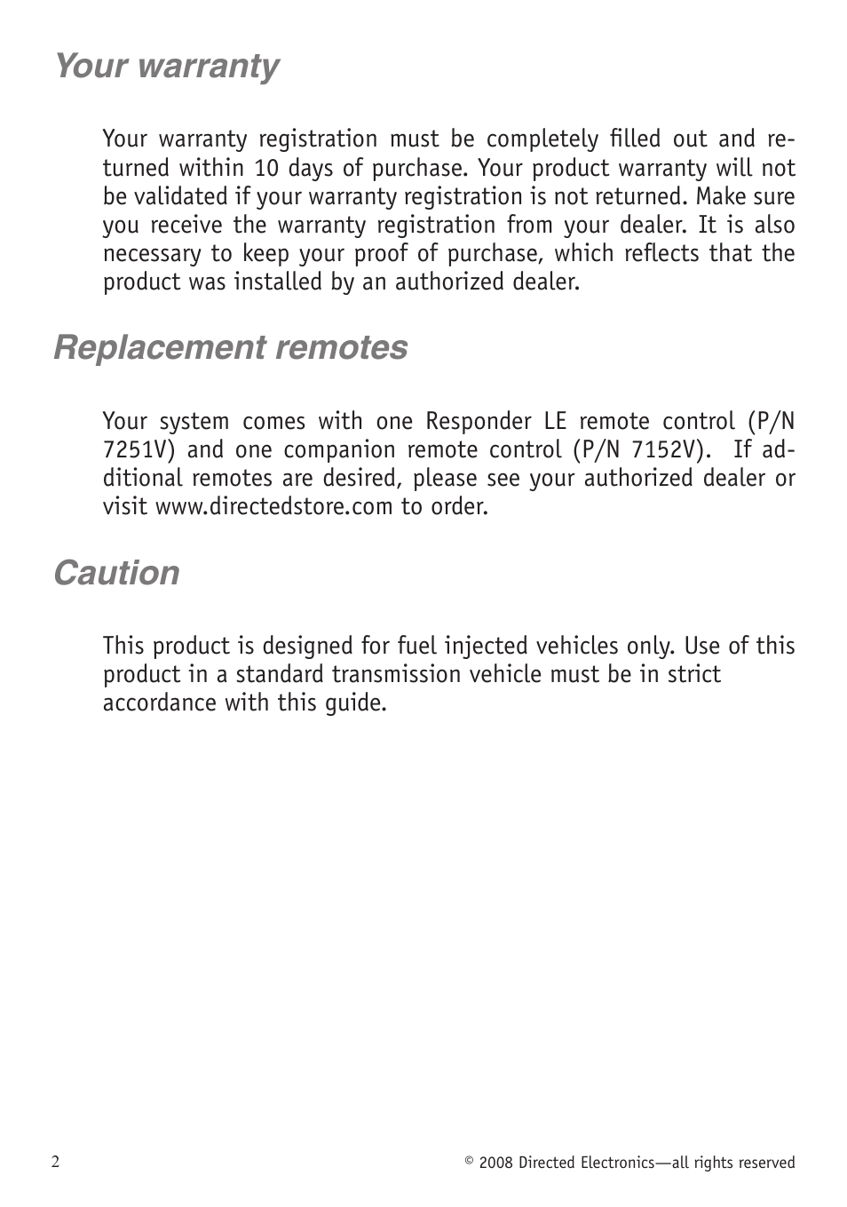 Your warranty, Replacement remotes, Caution | Your warranty replacement remotes caution | Directed Electronics VIPER 5701 User Manual | Page 8 / 56