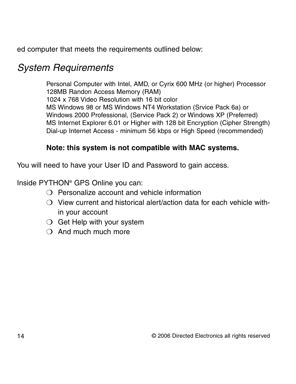 System requirements | Directed Electronics PYTHON 210P User Manual | Page 14 / 35