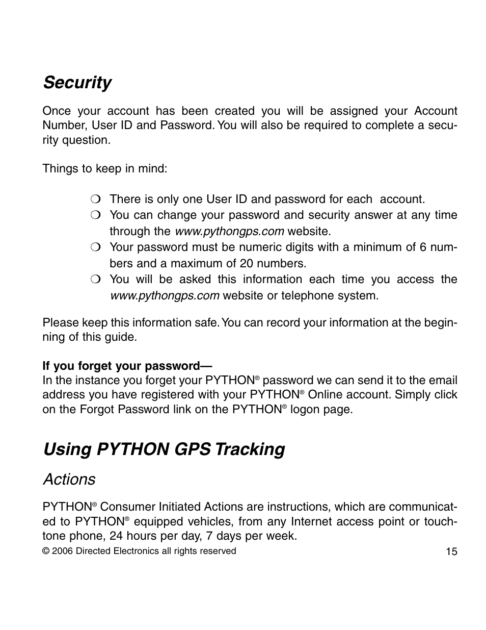 Security, Using python gps tracking, Actions | Directed Electronics PYTHON 210P User Manual | Page 15 / 35