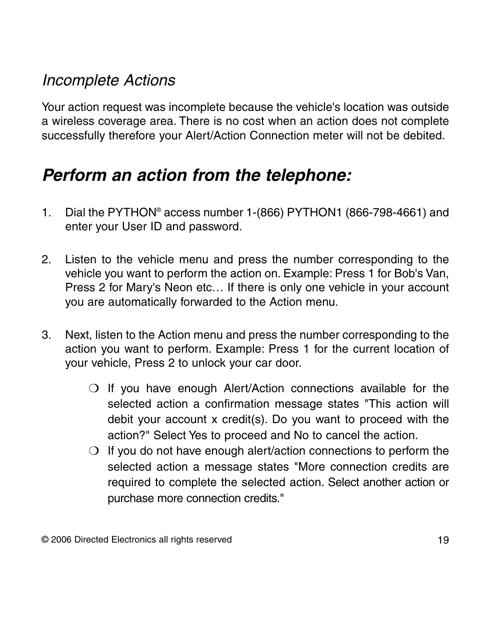 Perform an action from the telephone, Incomplete actions | Directed Electronics PYTHON 210P User Manual | Page 19 / 35