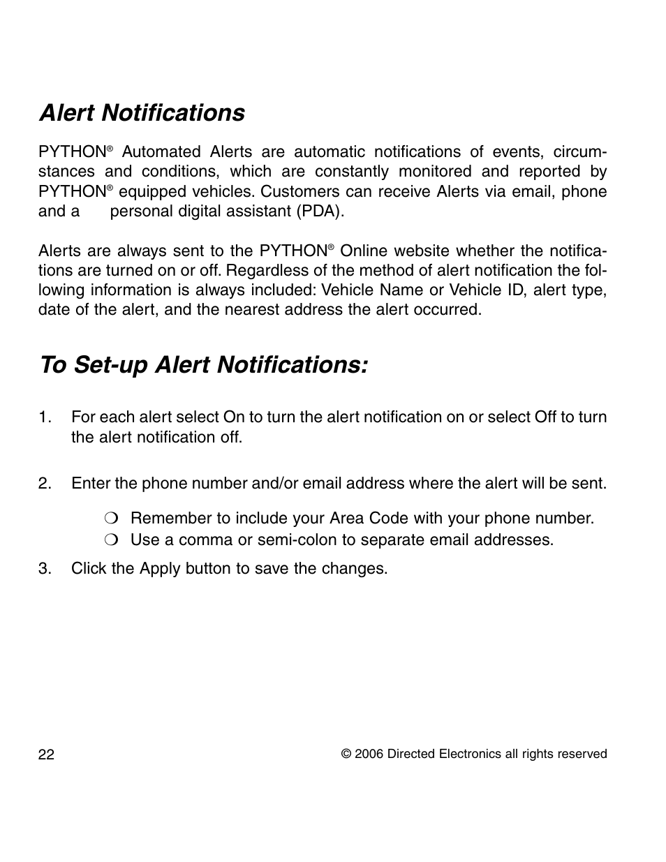 Alert notifications | Directed Electronics PYTHON 210P User Manual | Page 22 / 35