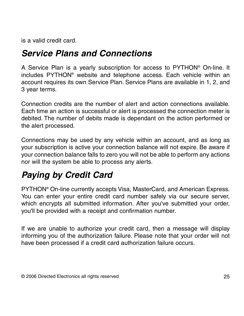 Service plans and connections, Paying by credit card | Directed Electronics PYTHON 210P User Manual | Page 25 / 35