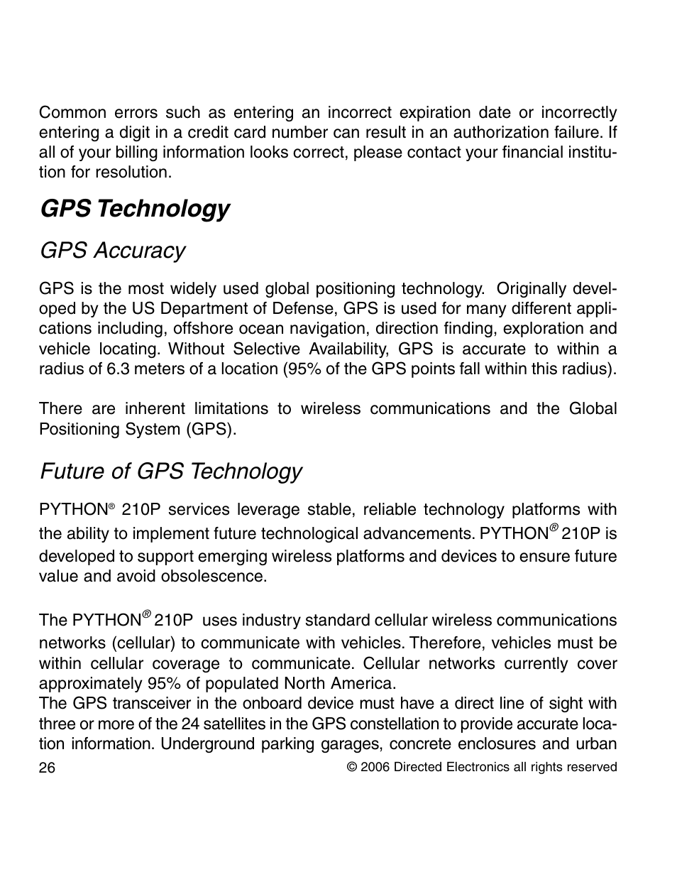 Gps technology, Gps accuracy, Future of gps technology | Directed Electronics PYTHON 210P User Manual | Page 26 / 35