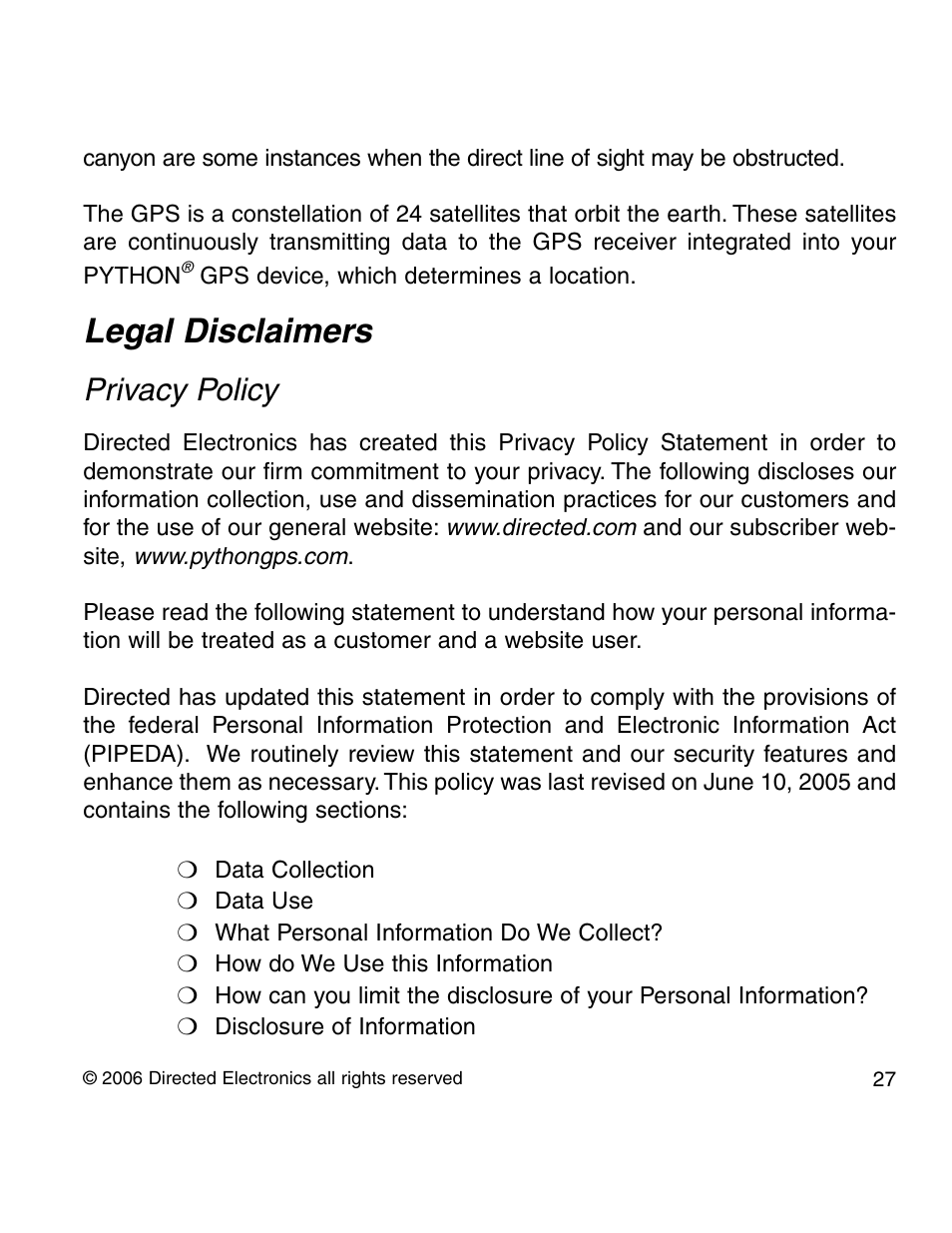 Legal disclaimers, Privacy policy | Directed Electronics PYTHON 210P User Manual | Page 27 / 35