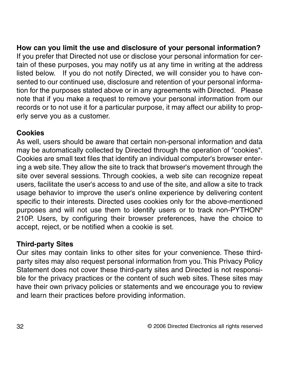 Directed Electronics PYTHON 210P User Manual | Page 32 / 35