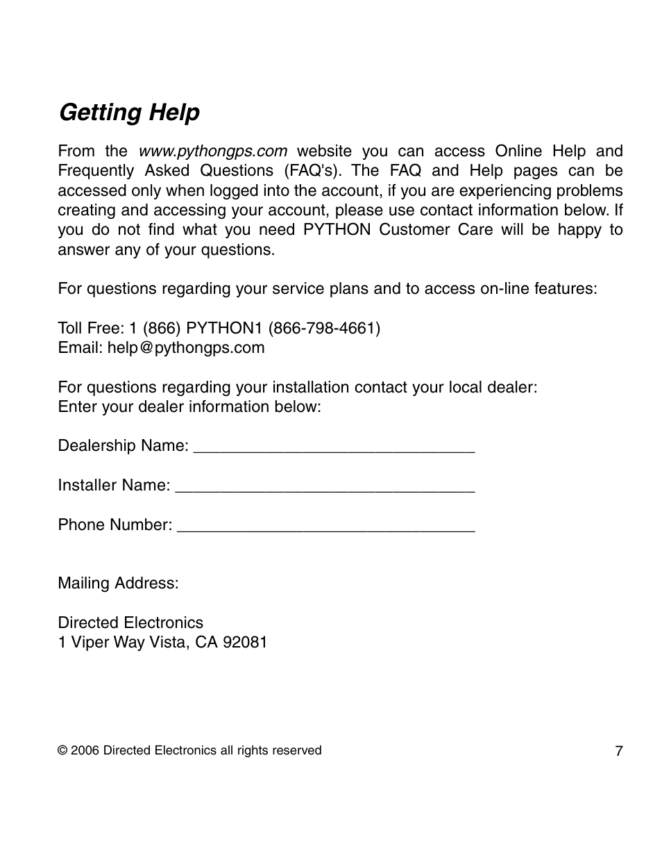 Getting help | Directed Electronics PYTHON 210P User Manual | Page 7 / 35