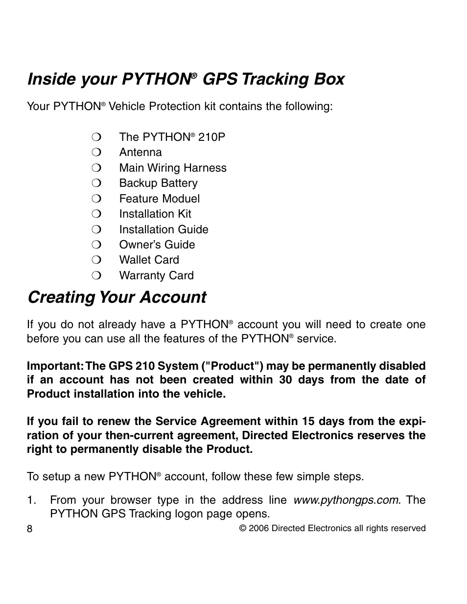 Inside your python, Gps tracking box, Creating your account | Directed Electronics PYTHON 210P User Manual | Page 8 / 35