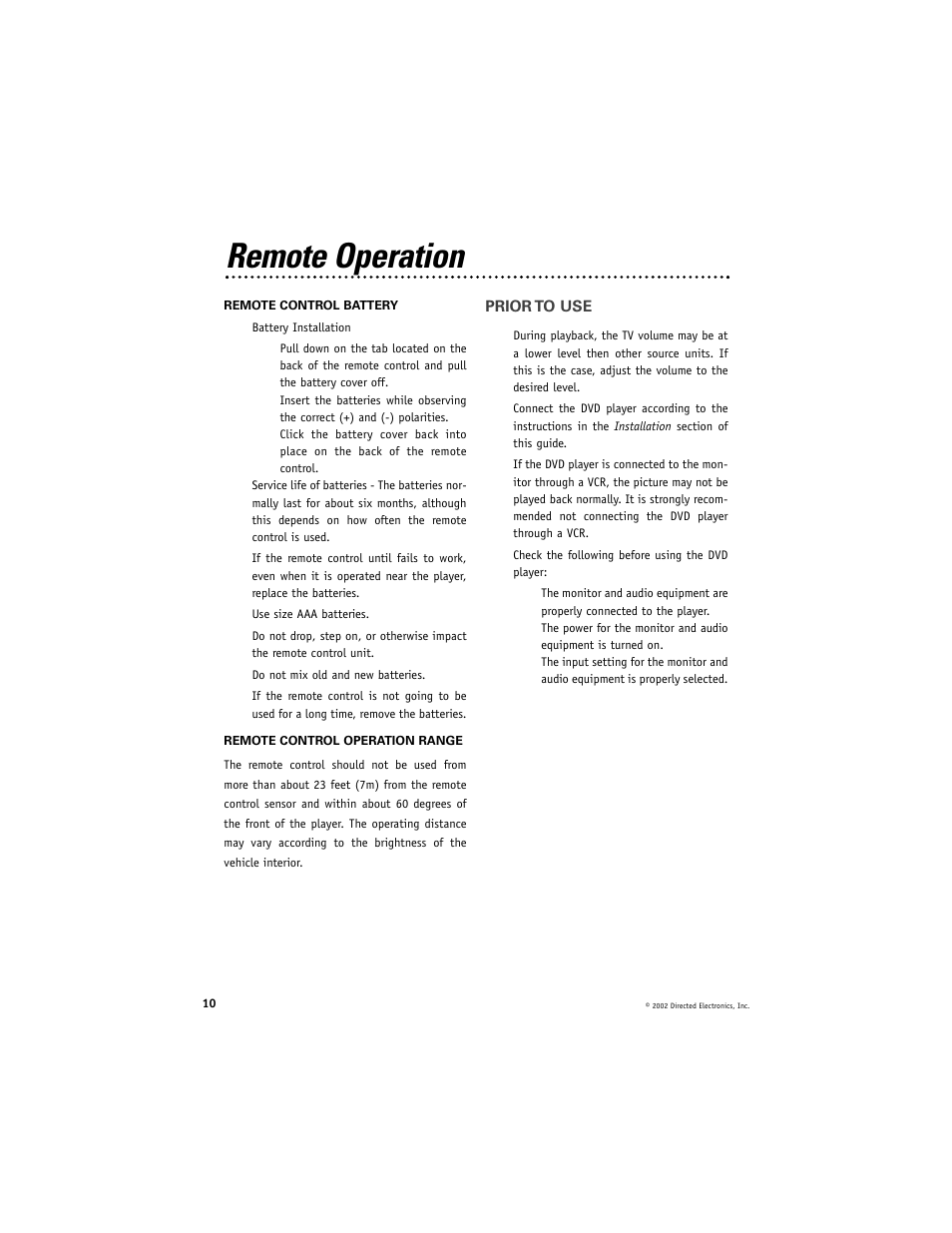 Remote operation, Prior to use | Directed Electronics DV2000 User Manual | Page 10 / 24