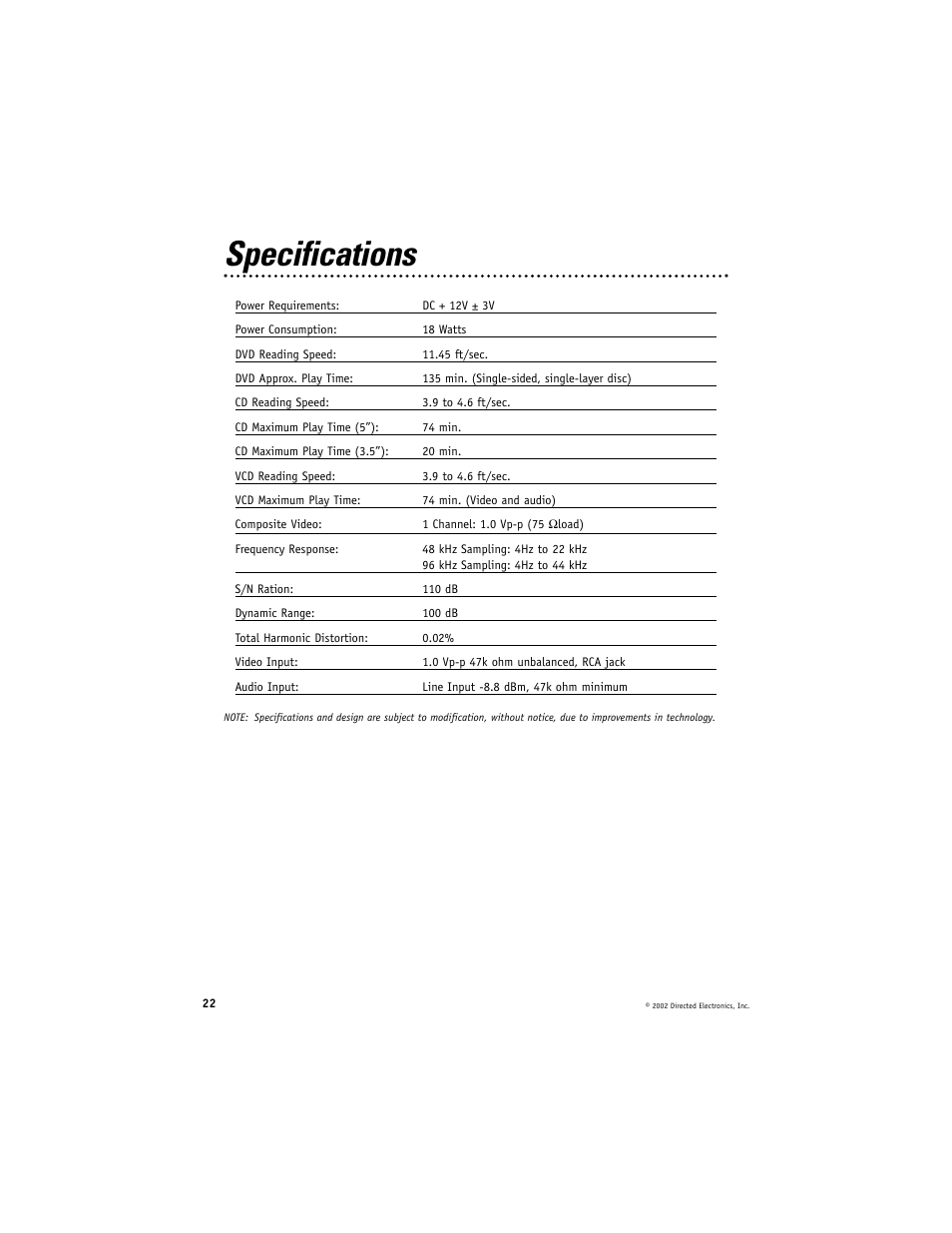 Specifications | Directed Electronics DV2000 User Manual | Page 22 / 24