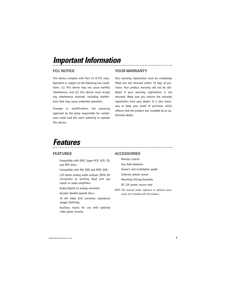 Features important information | Directed Electronics DV2000 User Manual | Page 7 / 24