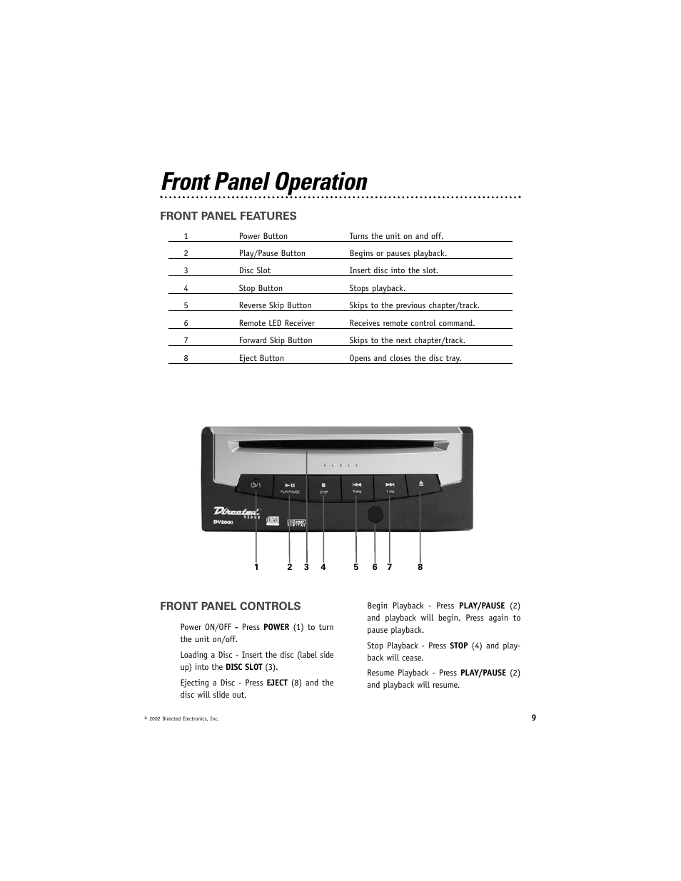 Front panel operation | Directed Electronics DV2000 User Manual | Page 9 / 24