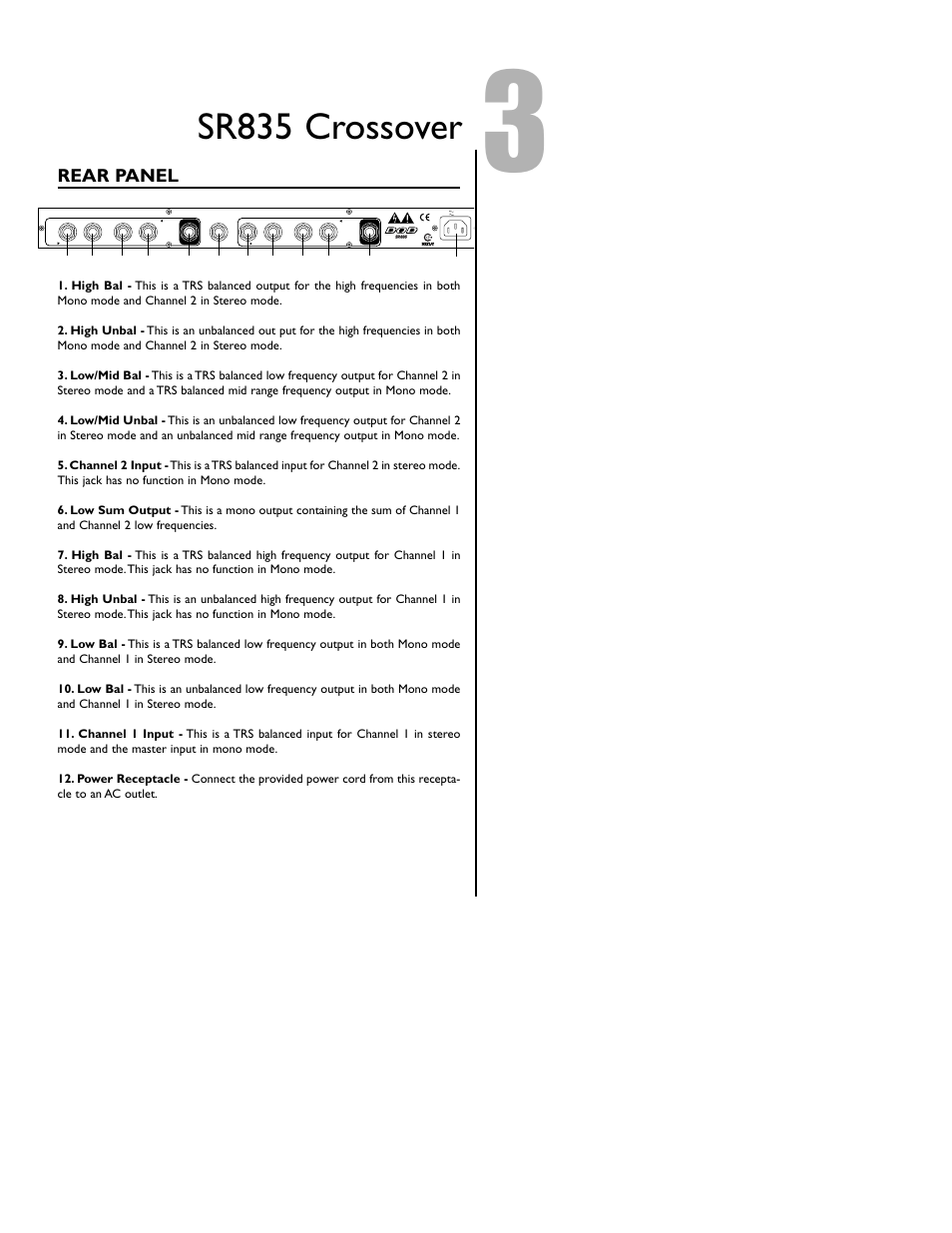 Sr835 crossover, Rear panel, Dod professional products | Sandy,utah u.s.a | DOD SR835 User Manual | Page 5 / 12