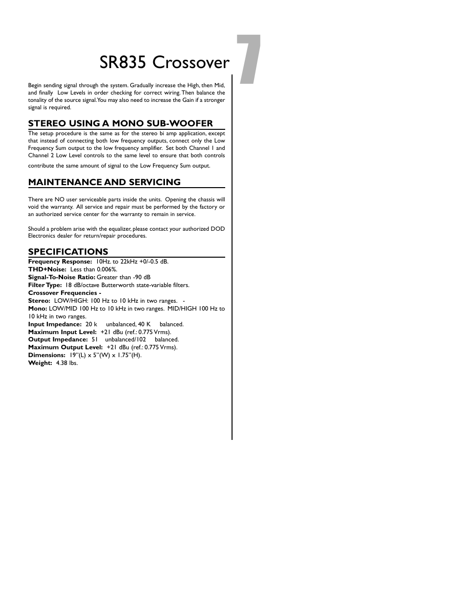 Sr835 crossover | DOD SR835 User Manual | Page 9 / 12